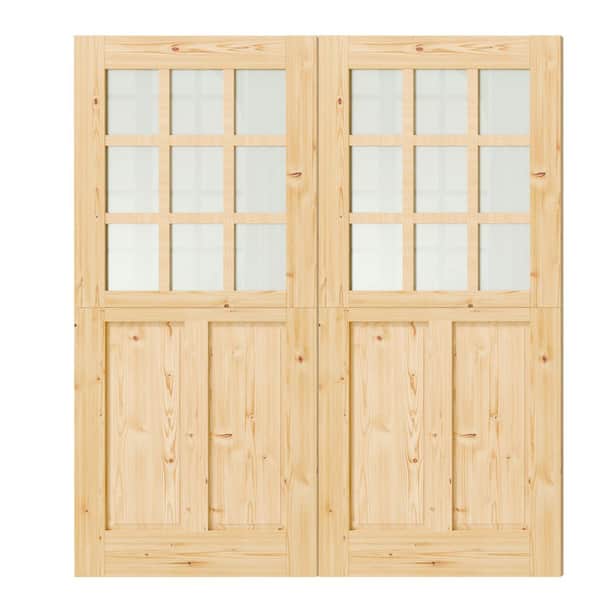 72 in. x 80 in. 9 Lite Frosted Glass, Finished Half Split Interior Dutch Door Slab with Natural Pine Wood Color