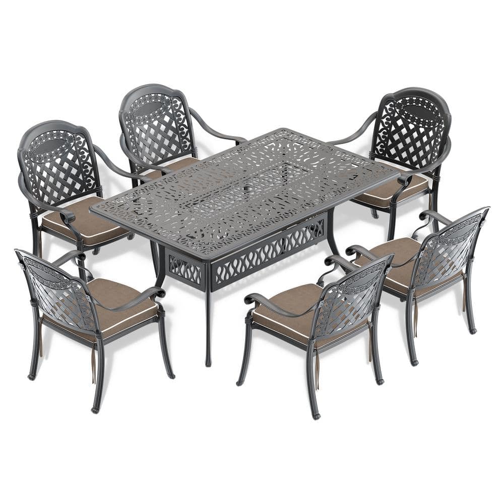 7-Piece Cast Aluminum Rectangle Outdoor Dining Set with Random ColorsCushio