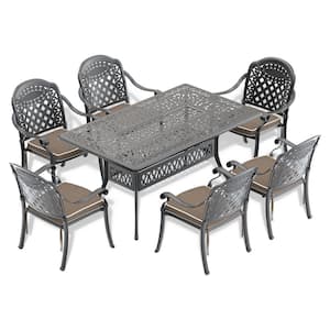 Isabella 7-Piece Cast Aluminum Outdoor Dining Set with 58.27 in. x 34.65 in. Rectangular Table and Random Color Cushions