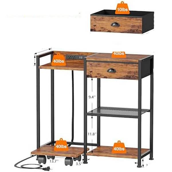 3 Tier Industrial Printer Stand with Storage Drawer Charging Station USB Port Shelf Shredder Stand Wheels Rustic Brown
