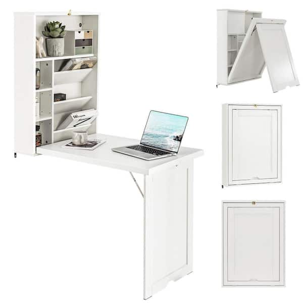 23.5 in. Wall Mounted Computer Convertible Desk Floating Desk w/ Storage Bookcases White