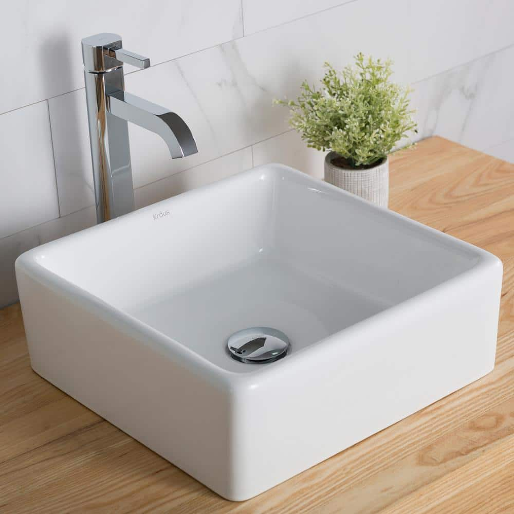 KRAUS Elavo 15.3 in. Square Vessel Bathroom Sink in White Vitreous China with Ramus Faucet in Chrome