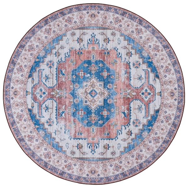 SAFAVIEH Tucson Beige/Blue 6 ft. x 6 ft. Machine Washable Border Floral Medallion Round Area Rug