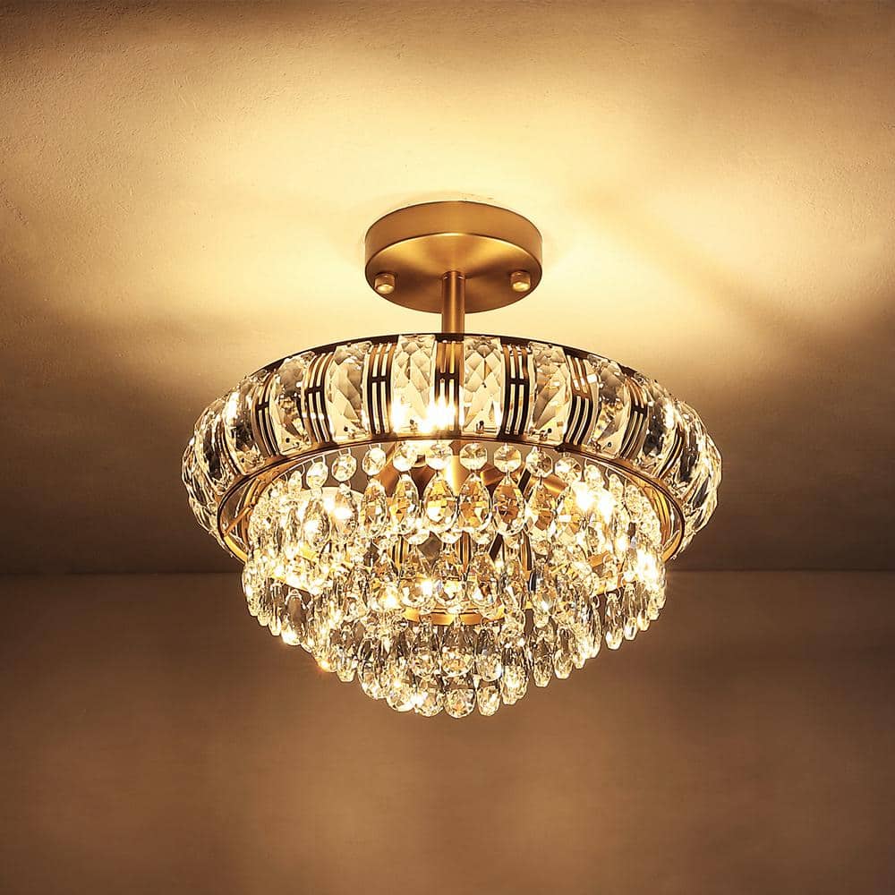 Gold Beaded Crystal 3-Light Semi Flush Mount Chandelier