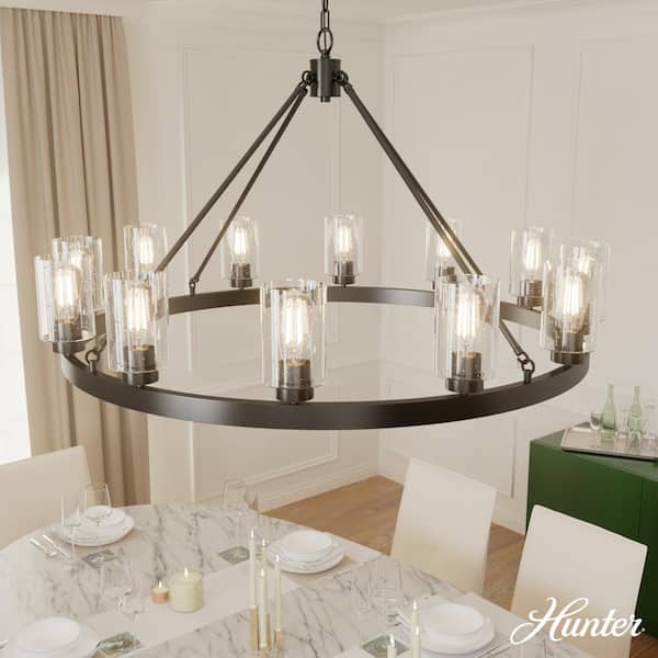 Hunter Hartland 12-Light Noble Bronze Wagon Wheel Chandelier with Clear Seeded Glass Shades