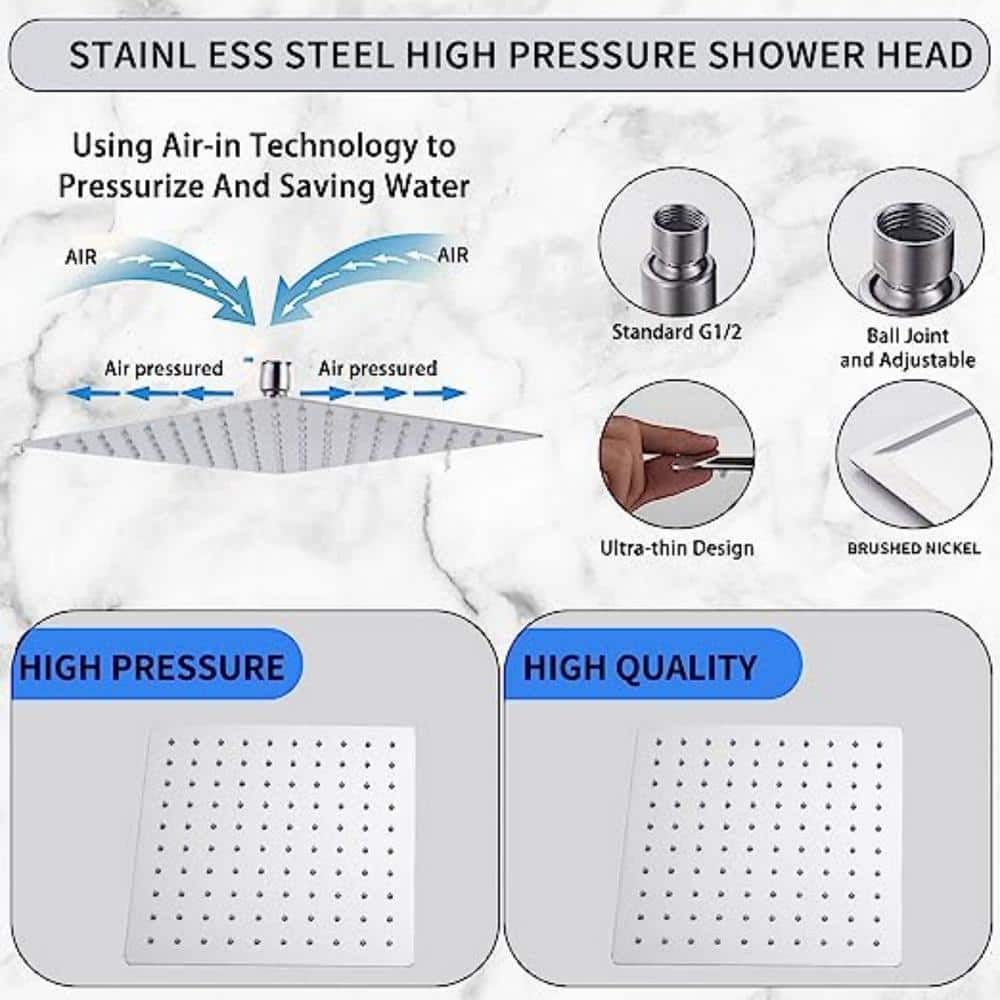 Brushed Nickel 12-Inch Square Rain Shower Head with Wall Mount