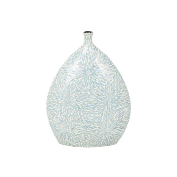 Litton Lane Light Blue Handmade Large Mosaic Mother of Pearl Shell Floral Decorative Vase with Cream Underlay