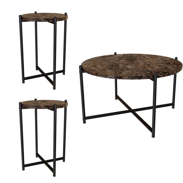Brown Round Wood Top Coffee Table, Marble Top Coffee And End Table Set