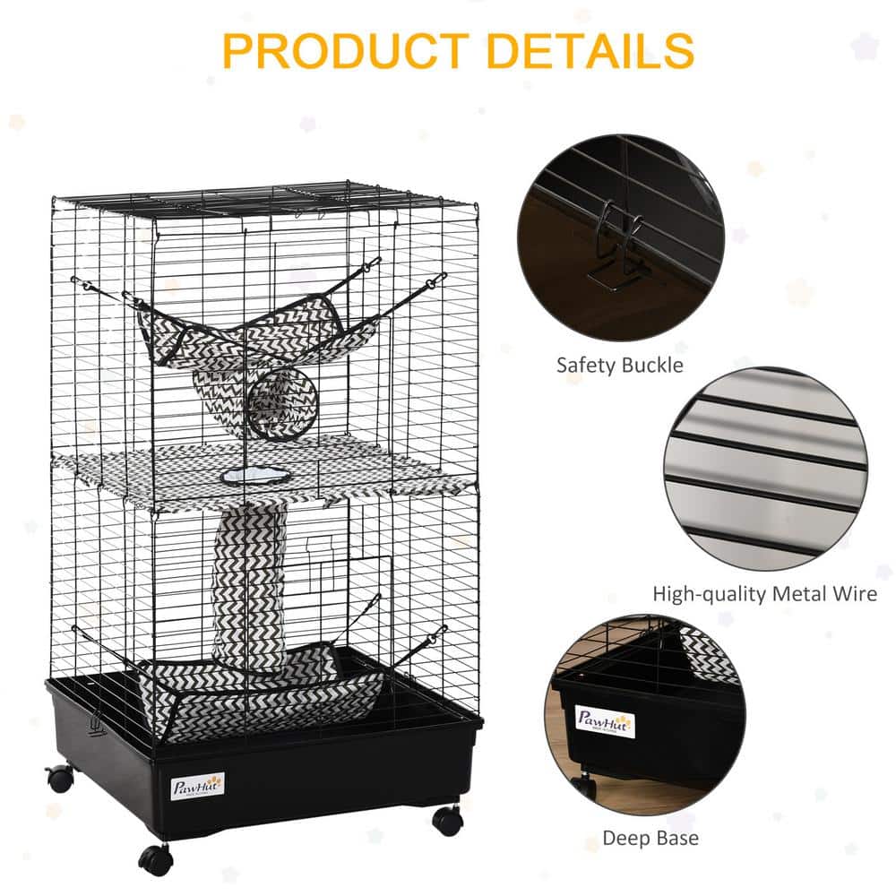 PawHut 42" Black Metal Ferret Cage with Hammocks and Tunnels