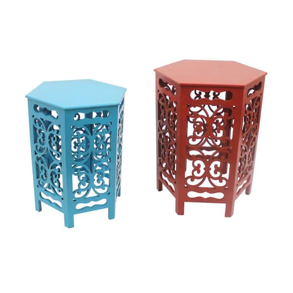Benjara 22.5 in. H Red and Blue 2-Piece Hexagonal Wooden Side Table with Cut Out Details