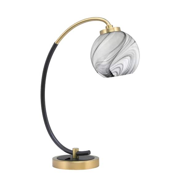 Unbranded Delgado 18.25 in. Matte Black and New Age Brass Accent Desk Lamp with Onyx Swirl Glass Shade