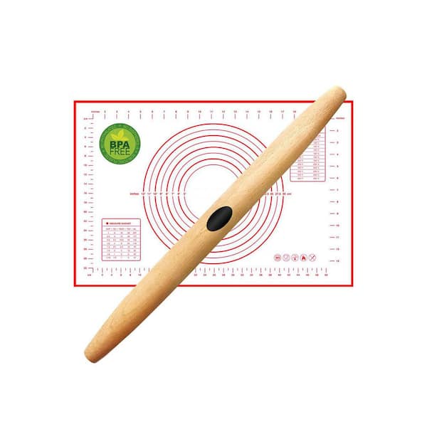 17 Inch Non-Stick Beech Wood French Rolling Pin with Silicone Baking Mat for Pie Crust, Cookie, Pasta, Pizza Dough