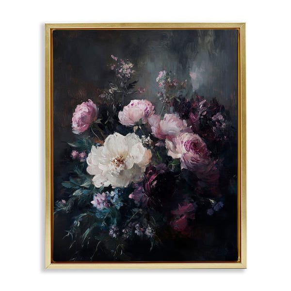Vintage Dark Blossoms by Petal Prints Design Gold Floater Frame Nature Graphic Art Print 31 in. x 25 in.