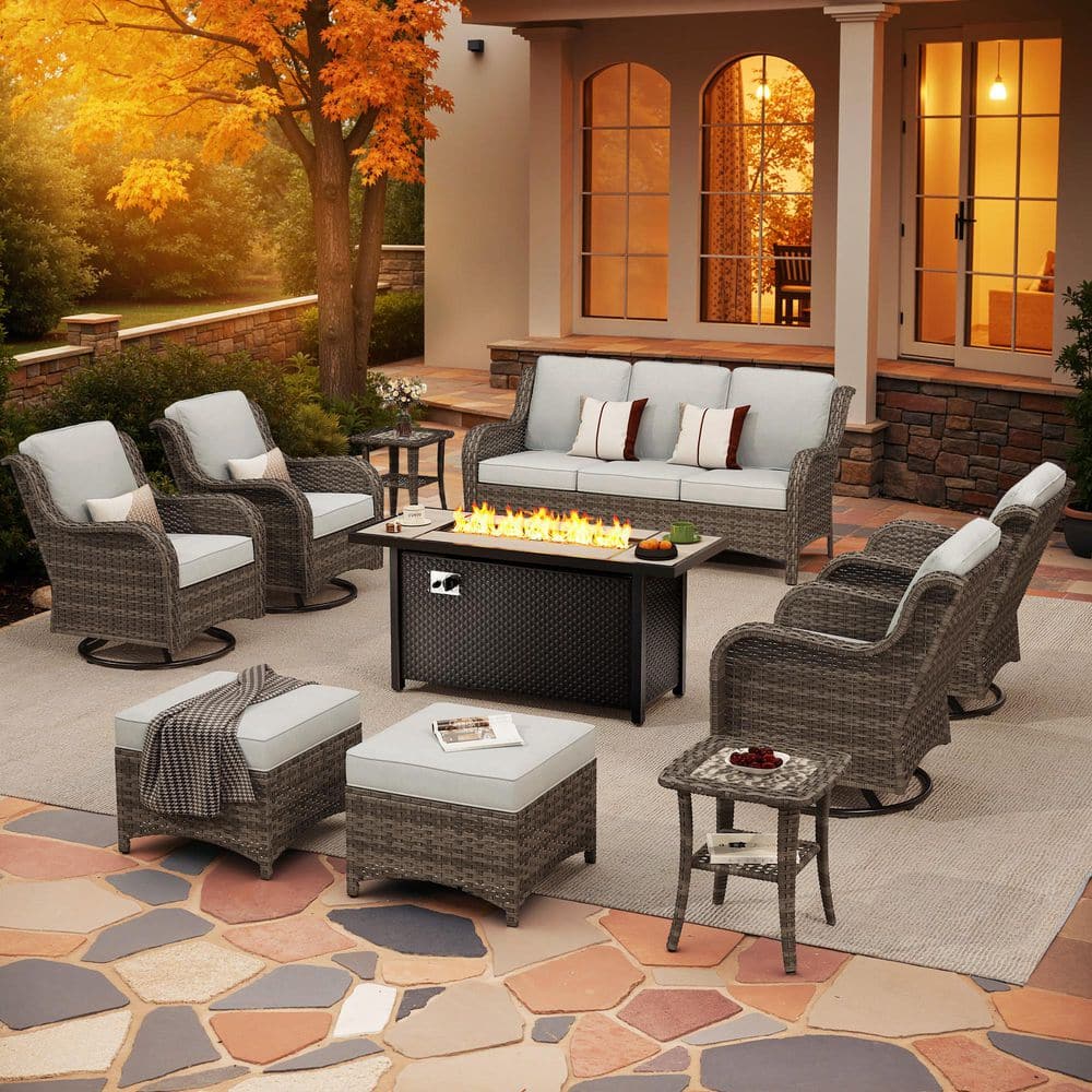 Dapple 10 Pieces Wicker Outdoor Patio Rectangular Fire Pit Set and Swivel Rocking Chairs with Gray Cushions price history on PriceWatchPro