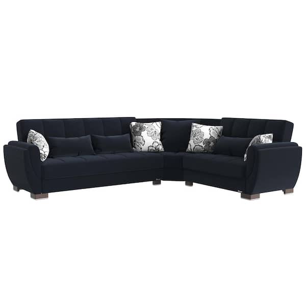 Ottomanson Basics Air Collection 3-Piece 108.7 in. Polyester Convertible Sofa Bed Sectional 6-Seater With Storage, Dark Blue
