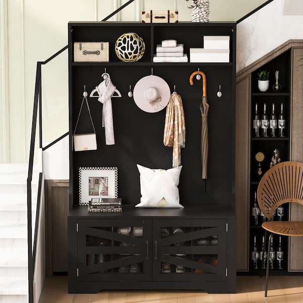 Unbranded 43.3 in. W x 15 in. D x 69.1 in. H Black Wood Hall Tree with 7 Hooks, Coat Rack, 3-in-1 Design and Adjustable Shelves