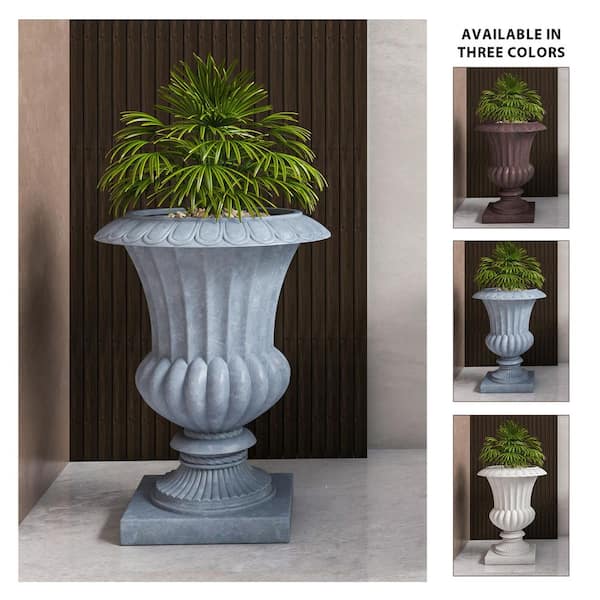 Leisuremod Lotus 20 in. Wide Fiberstone Urn Planter Modern Indoor Outdoor Decorative Clay Pot 28 in. High in Grey