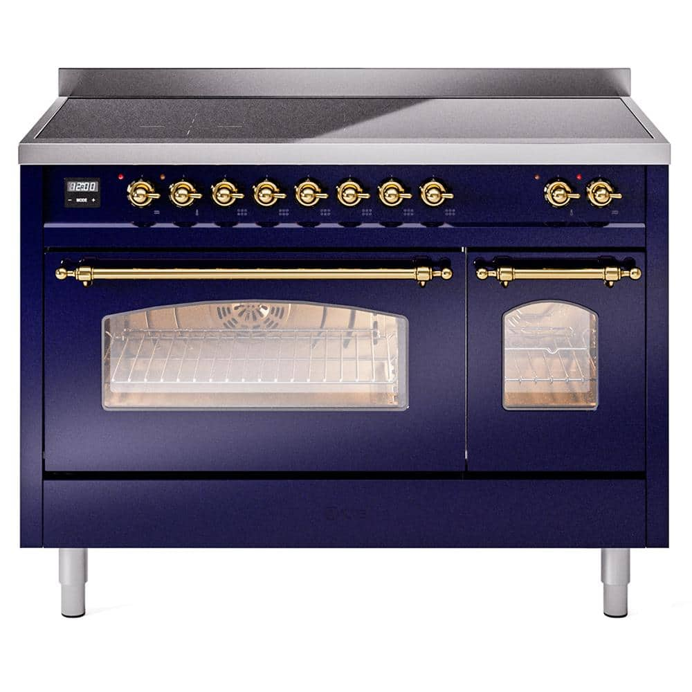 Nostalgie 48 in. 6 Zone Freestanding Double Oven Induction Range in Midnight Blue with Brass Trim -  ILVE, UPI486NMPMBG