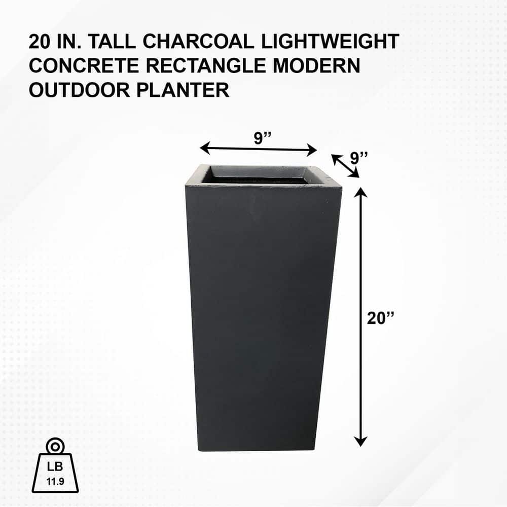 20" Tall Charcoal Lightweight Concrete Square Modern Outdoor Planter