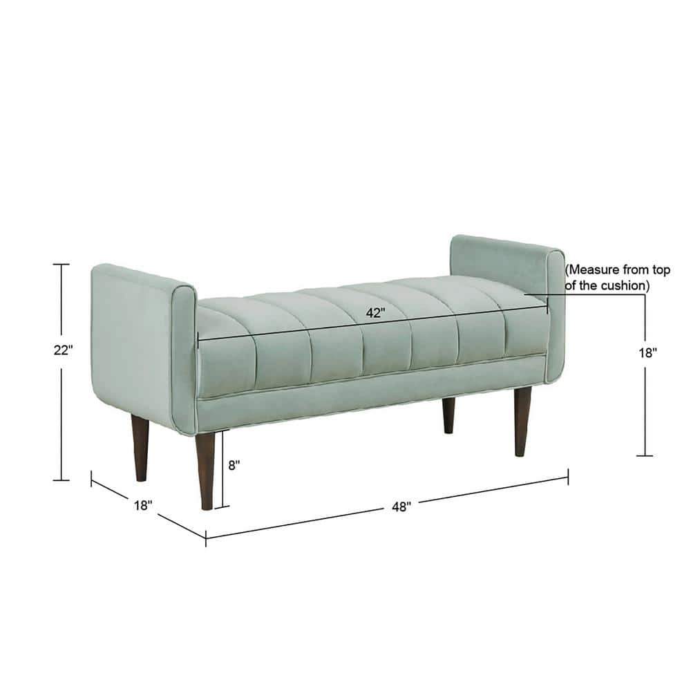 Pistachio Green Velvet Upholstered Channel Bench with Dark Wood Legs