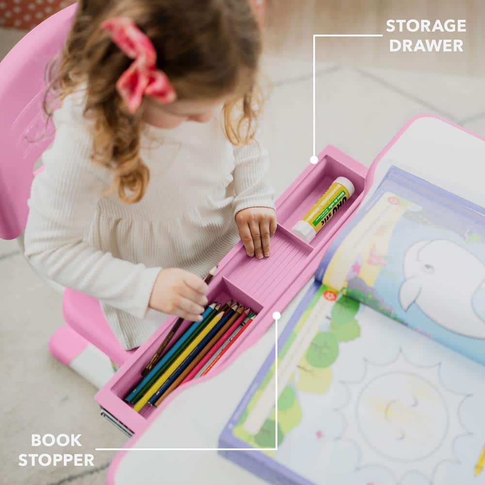Pink Adjustable Height Kids Desk and Chair Set with Storage Drawer