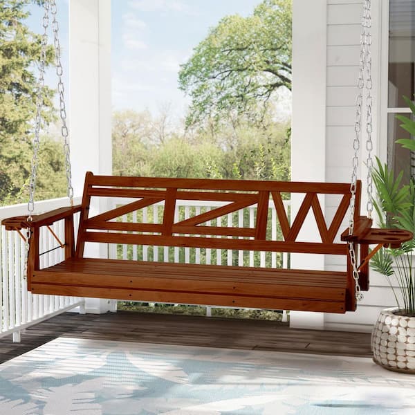 JUJABU 3-Person Brown Wood Outdoor Porch Swing with Hanging Chains and Upgraded Cupholders for Garden