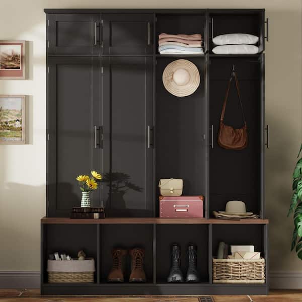 Black Farmhouse Hall Tree with 4-Hidden Hanging Hooks, Versatile Walnut Entryway Shoe Cabinet, 8-Doors