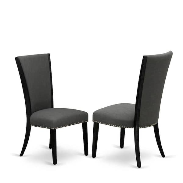 East West Furniture Wirebrushed Black, Parson Dining Chairs - Nailhead Trim Dark Gotham Linen Fabric Padded Chairs, Set Of 2