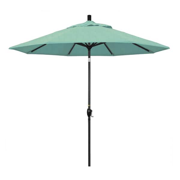 California Umbrella 9 ft. Stone Black Aluminum Market Patio Umbrella with Push Tilt Crank Lift in Spectrum Mist Sunbrella