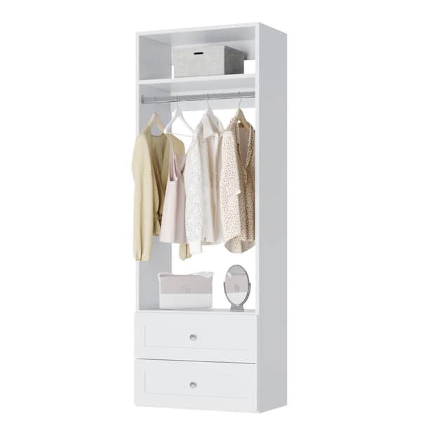 Vista Collection 31.5in.W White Hanging Tower w/ Shaker Style Drawers Closet Kit Wall Mounted 4-Shelf Wood Closet System