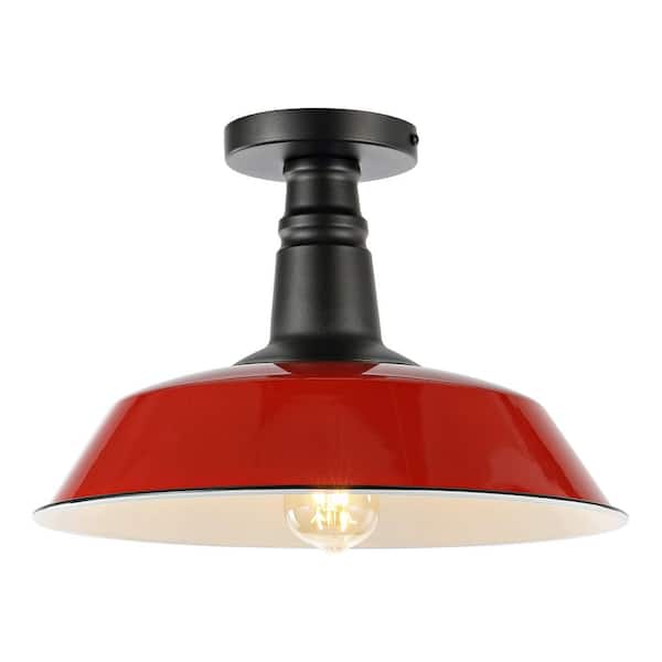 Camila 14 in. 1-Light Red/White Classic Industrial Indoor/Outdoor Iron LED Semi Flush Mount