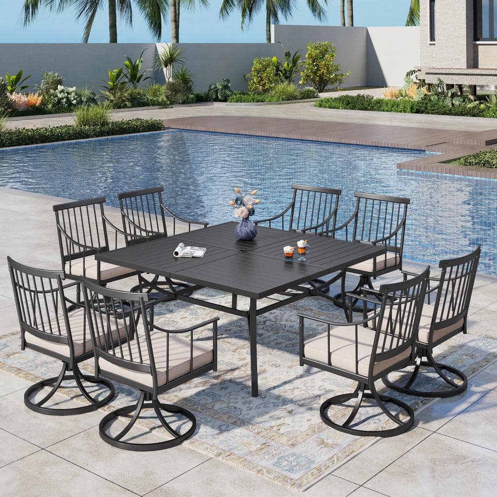 9-Piece Metal Patio Outdoor Dining Set with Square Table and Swivel Chairs with Beige Cushion price history on PriceWatchPro