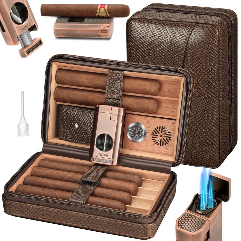 3-in-1 Textured Brown Cigar Humidor, Portable Leather Cedar Wood Cigar Case
