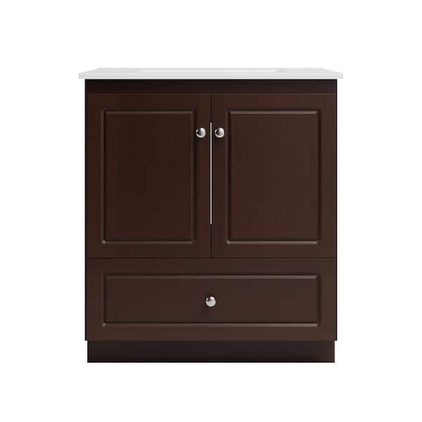Ultraline 31 in. W x 22 in. D x 35 in. H Vanity with No Side Drawers in Dark Alder with Ceramic Vanity Top in White