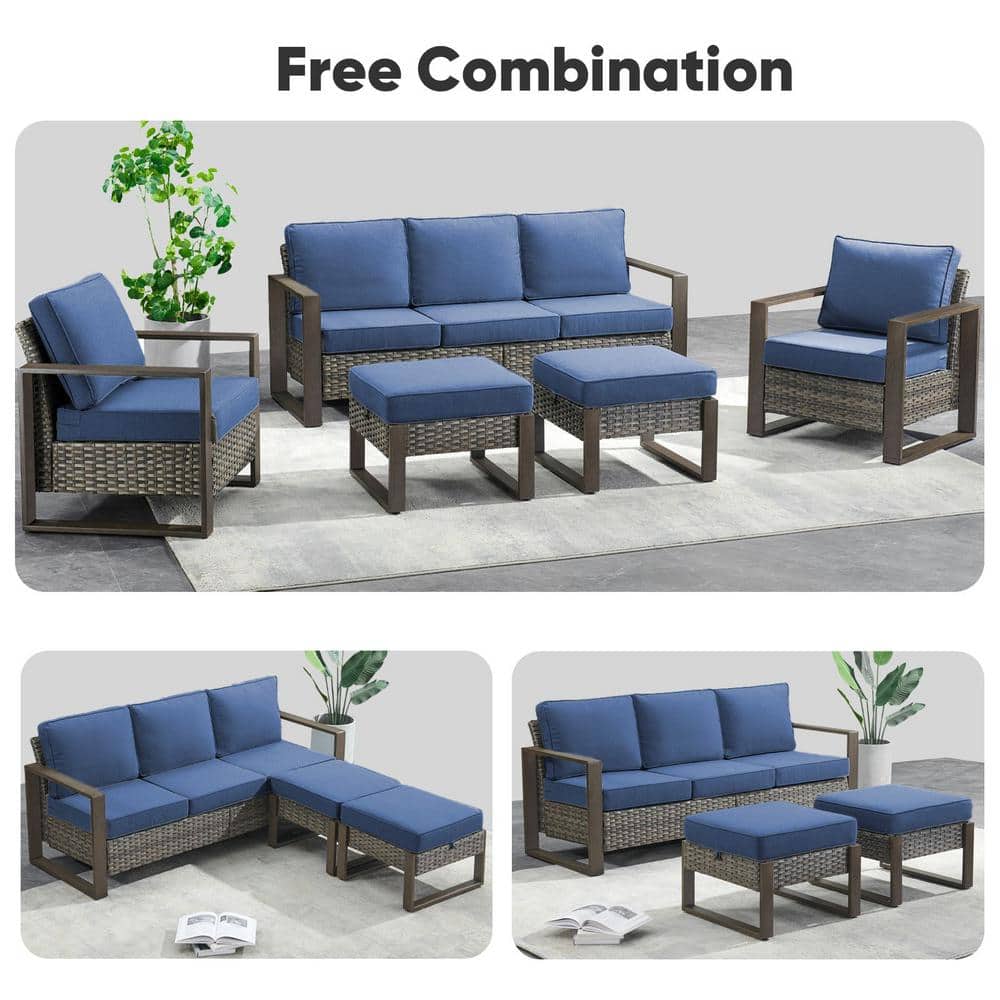 Gray Wicker and Steel Outdoor Sectional Sofa with Blue Cushions