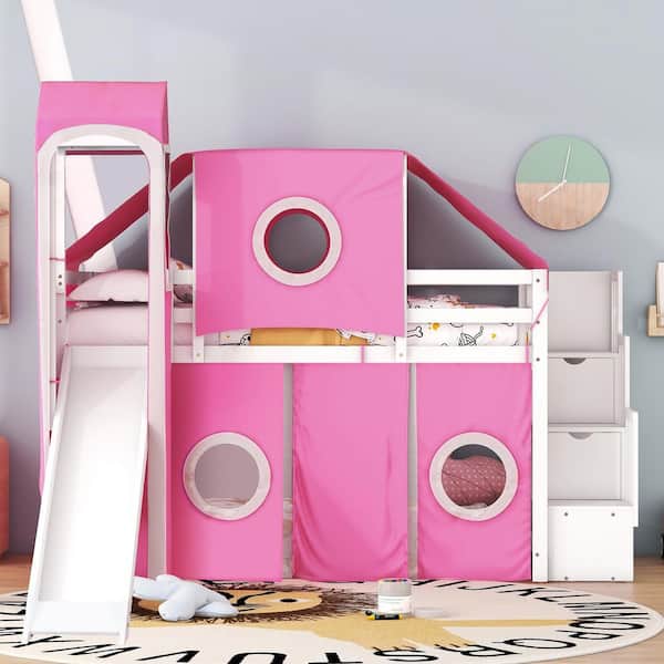 Harper & Bright Designs Pink Twin Size Wood Loft Bed with Tent, Tower, Slide and Storage Staircase