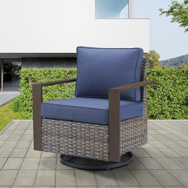 Gray Swivel Glider Wicker Outdoor Rocking Chair with Blue Cushions and Square Metal Armrest (2-Pack)