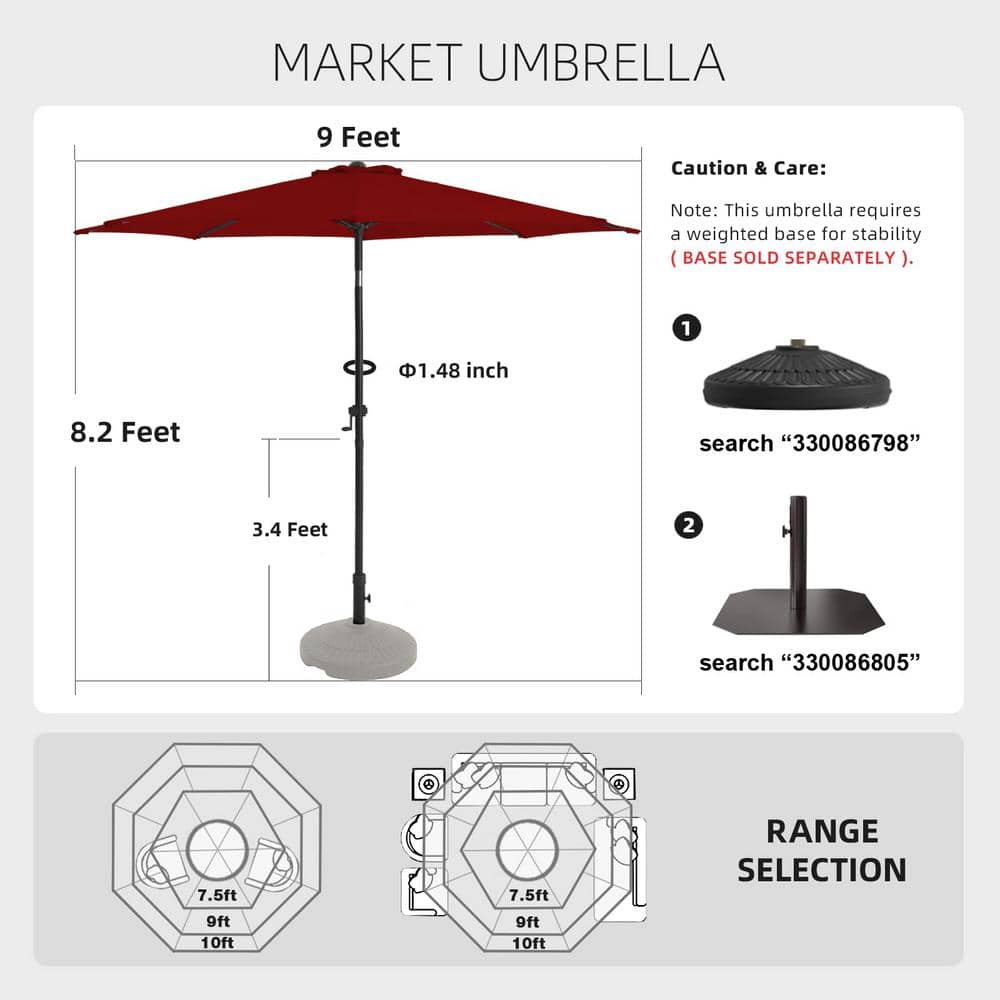 Red 9ft Steel Frame Outdoor Patio Umbrella with Crank