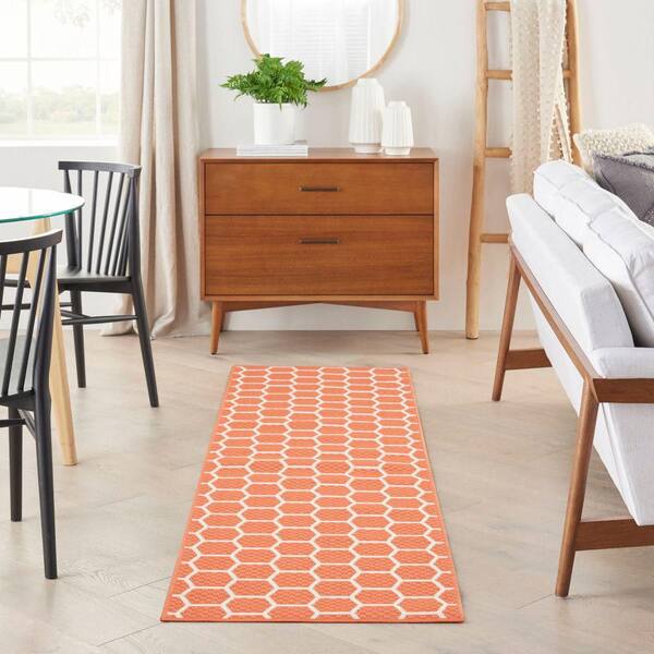 Reversible Indoor Outdoor Coral 2 ft. x 6 ft. Honeycomb Contemporary Runner Area Rug