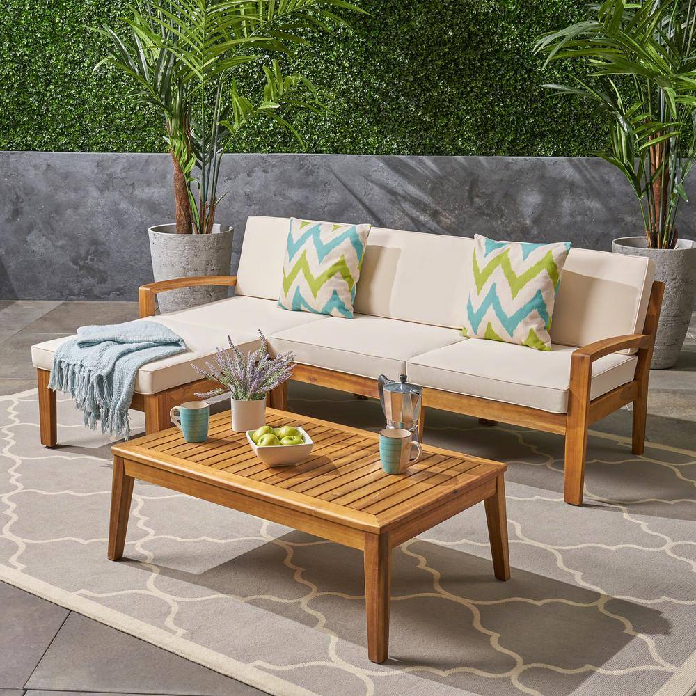 Large Light Brown Acacia Wood Outdoor Sectional Sofa with Beige Cushions