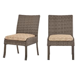 Windsor Brown Wicker Outdoor Stationary Armless Dining Chair with CushionGuard Toffee Trellis Tan Cushions (2-Pack)
