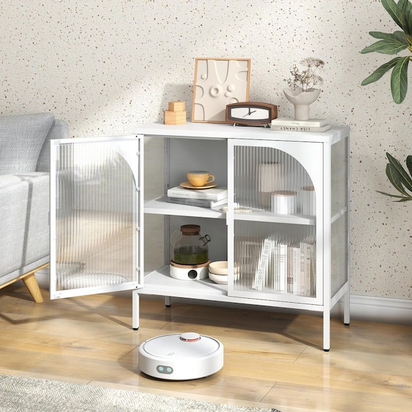 31.5 in. x 13.8 in. x 31.5 in. White Metal Storage Cabinet w/2 Glass Cabinet-Doors and Adjustable Shelves Holds 200 lbs.