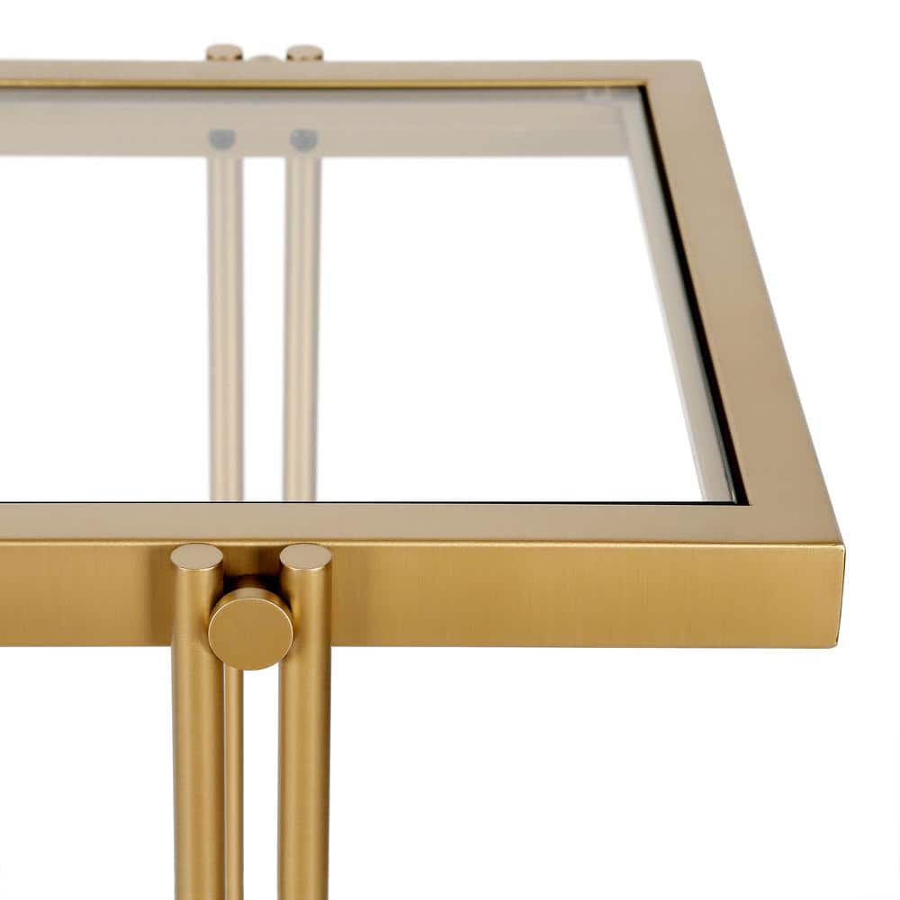 Modern Brass Finish Rectangular Coffee Table with Glass Storage Shelf