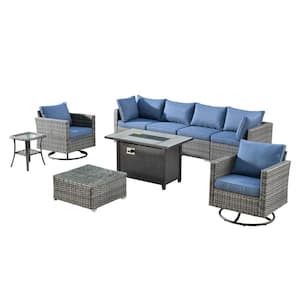 Sanibel Gray 9-Piece Wicker Outdoor Patio Conversation Sofa Sectional Set with a Metal Fire Pit and Denim Blue Cushions