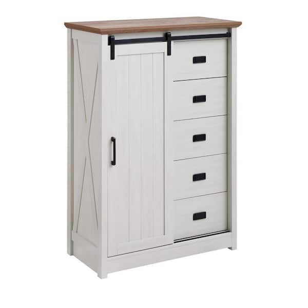 5 Drawers Pantry Organizers with Sliding Barn Door, Tall Dresser 5 Chest of Drawers, Storage Organizer in White