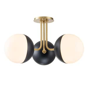 19.7 in. 3-Light Antique Plating Gold + Matte Black Semi-Flush Mount with Opal Glass Shade and No Bulbs Included