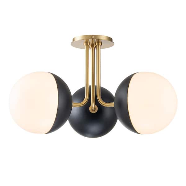 Y'INSP 19.7 in. 3-Light Antique Plating Gold + Matte Black Semi-Flush Mount with Opal Glass Shade and No Bulbs Included