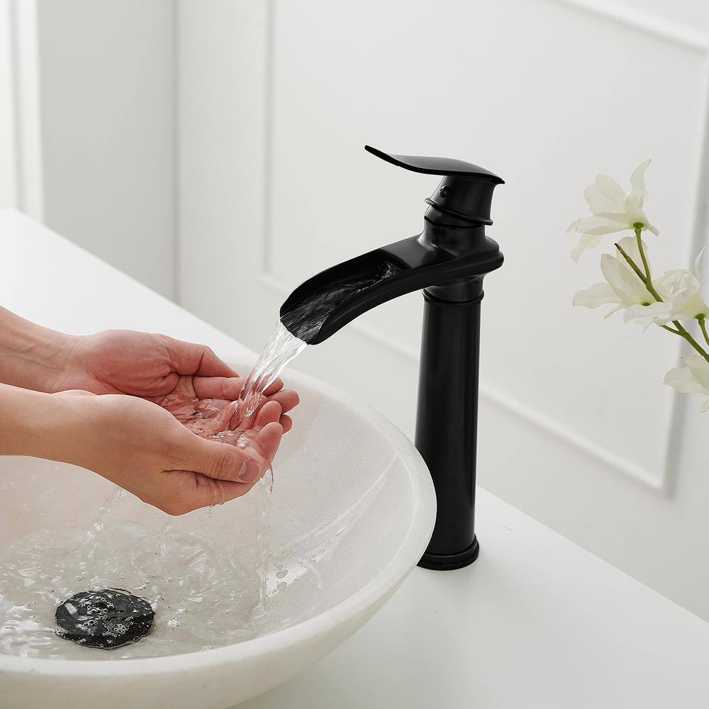 Matte Black Brass Waterfall Vessel Sink Faucet with Pop-Up Drain