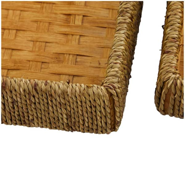 Litton Lane Brown Bamboo Woven Decorative Tray with Handles (Set of 3)  043026 - The Home Depot