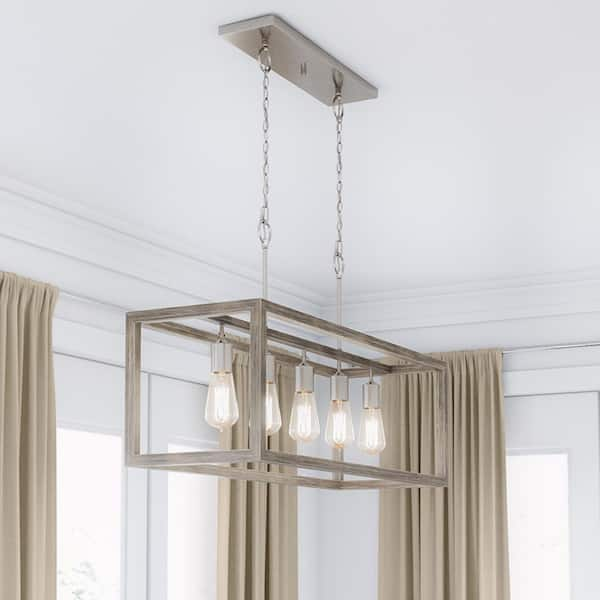 Boswell Quarter 34 in. 5-Light Brushed Nickel Farmhouse Linear Chandelier with Weathered Wood Accents